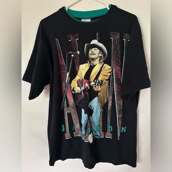 VINTAGE Alan Jackson Shirt L On Tour Concert Black Turquoise Trim 1994 - Picture 4 of 8